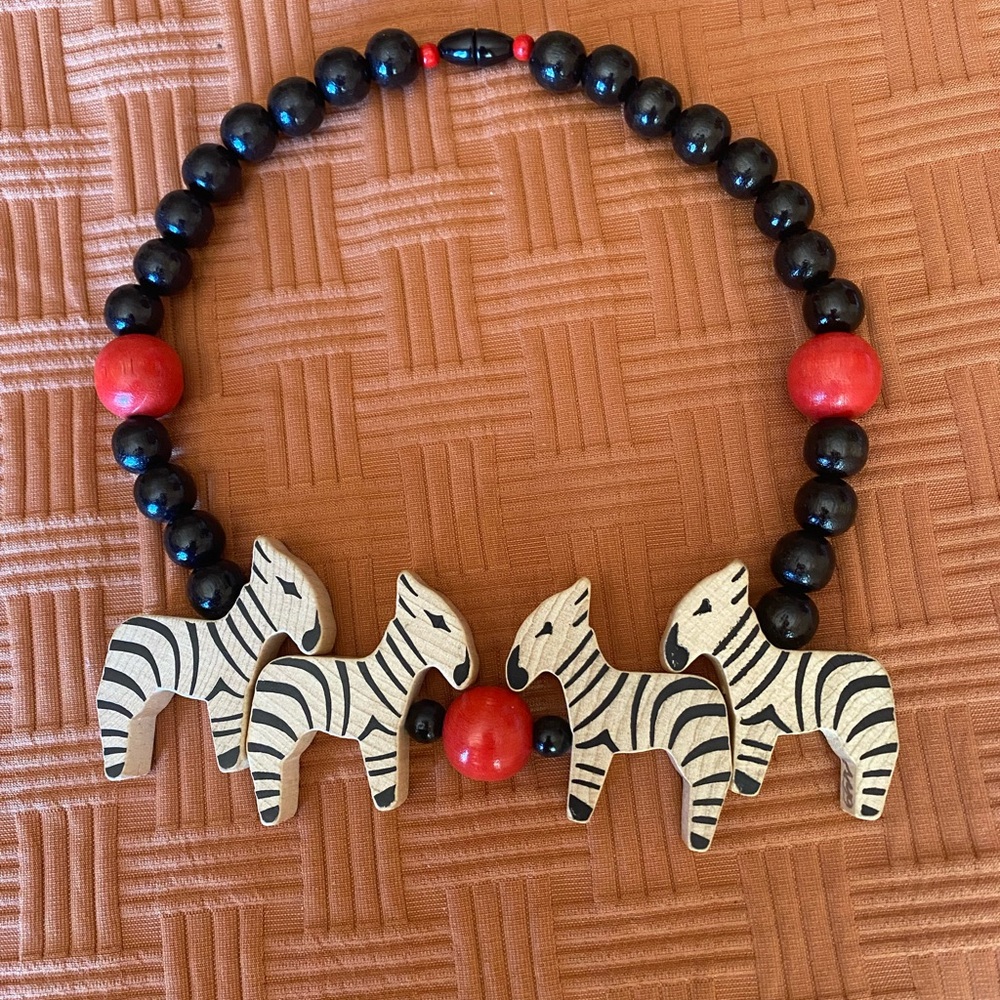 Zebra Beaded Wood Necklace - Black and Red